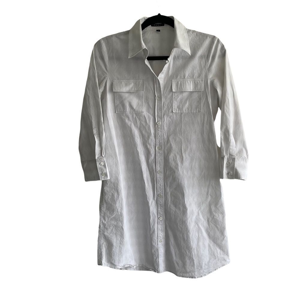 THEORY Button Front Mini Shirtdress White Tan 4